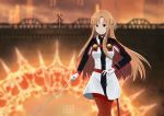  asuna_(sao) blurry blurry_background brown_eyes brown_hair dusk floating_hair gloves highres holding holding_sword holding_weapon long_hair multiple_girls outdoors pants pantyhose rapier red_pants sheath solo_focus standing sword sword_art_online sword_art_online_the_movie:_ordinal_scale very_long_hair weapon white_gloves xingye_you_xia yuna_(sao) 