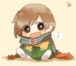  :d blush brown_hair chibi commentary eyebrows_visible_through_hair full_body green_hakama hachimaki hakama headband hiryuu_(kantai_collection) ina_(1813576) japanese_clothes kantai_collection kimono looking_at_viewer musical_note one_side_up open_mouth orange_kimono short_hair signature simple_background sitting smile solo spoken_musical_note white_legwear 