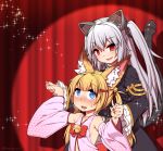  animal_ear_fluff animal_ears arms_up bell black_dress blonde_hair blue_eyes blush cat_ears cat_tail commentary_request detached_sleeves dress fake_animal_ears fake_tail fang fox_ears grey_hair hair_ornament hairclip holding_hands jingle_bell kemomimi_oukoku_kokuei_housou long_hair mikoko_(kemomimi_oukoku_kokuei_housou) multiple_girls nora_cat nora_cat_channel open_clothes open_mouth open_shirt pink_shirt red_eyes rutsubo shirt smile tail twintails two_side_up upper_body virtual_youtuber 