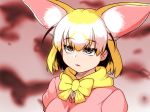  animal_ear_fluff animal_ears blonde_hair commentary_request extra_ears eyebrows_visible_through_hair fennec_(kemono_friends) fox_ears grappler_baki isuna kemono_friends multicolored_hair orochi_doppo parted_lips pink_shirt shirt solo two-tone_hair white_hair 