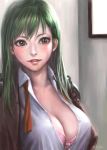  absurdres bra breasts cleavage green_eyes green_hair highres kantai_collection large_breasts long_hair looking_at_viewer murasaki-sin open_clothes open_shirt shirt smile solo suzuya_(kantai_collection) traditional_media unbuttoned underwear watercolor_(medium) 