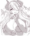  blush braid breasts bug butterfly cleavage commentary_request draph elbow_gloves fingerless_gloves gloves granblue_fantasy hair_ornament hair_over_one_eye hairclip highres horn insect large_breasts long_hair low_tied_hair monochrome narmaya_(granblue_fantasy) open_mouth pointy_ears single_braid sleeveless solo takatsuki_arunashi 