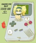  blonde_hair blue_eyes blush collared_shirt commentary dress enemy_lifebuoy_(kantai_collection) gambier_bay_(kantai_collection) game_boy hair_between_eyes hairband handheld_game_console inishie kantai_collection map pun sailor_collar sailor_dress shinkaisei-kan shirt twintails 