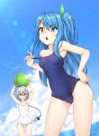  arms_up ass_visible_through_thighs ball beachball blonde_hair blue_eyes blue_hair blue_sky blue_swimsuit bow braid breasts cloud collarbone commentary covered_navel day english_commentary hair_bow hair_ornament hairclip hand_on_hip healther heterochromia long_hair looking_at_viewer medium_breasts ocean one-piece_swimsuit one_side_up open_mouth original school_swimsuit sky swimsuit white_hair white_swimsuit 