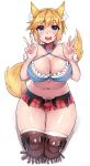  :d alice_(flanaki) animal_ear_fluff animal_ears bare_shoulders belt blonde_hair blue_bra bra breasts brown_legwear cleavage commentary commission criss-cross_halter double_w english_commentary fox_ears fox_tail halterneck hands_up looking_at_viewer microskirt navel open_mouth original osiimi pleated_skirt pouch puffy_short_sleeves puffy_sleeves red_skirt seiza short_hair short_sleeves simple_background sitting skirt smile solo tail thighhighs underwear w white_background 