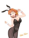 animal_ears bare_shoulders black_legwear black_leotard bow bowtie braid breasts bunny_ears bunnysuit character_name cleavage detached_collar fake_animal_ears hair_ornament hairclip highres kuro_ikusanin leotard love_live! love_live!_sunshine!! medium_breasts one_eye_closed open_mouth orange_hair pantyhose red_eyes short_hair side_braid simple_background smile strapless strapless_leotard takami_chika white_background wrist_cuffs yellow_bow 