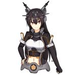  black_gloves black_hair clenched_hand elbow_gloves eyebrows_visible_through_hair fingerless_gloves gloves hand_on_hip highres kantai_collection long_hair looking_at_viewer midriff nagato_(kantai_collection) navel red_eyes remodel_(kantai_collection) simple_background smile solo upper_body white_background yuubokumin 