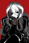  alternate_hair_length alternate_hairstyle black_eyes black_gloves black_hair black_jacket black_pants chin_rest chino_machiko gloves hair_between_eyes jacket long_hair looking_at_viewer made_in_abyss multicolored_hair ozen pants red_background simple_background sitting solo two-tone_hair white_hair 