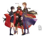  4boys armor black_gloves black_hair black_legwear brown_hair cape crossover fate/grand_order fate_(series) fudou_yukimitsu gloves hand_on_hip hat heshikiri_hasebe highres japanese_armor katana kneehighs koha-ace military military_uniform multiple_boys oda_nobunaga_(fate) purple_eyes red_eyes shako_cap sheath sheathed shorts shoulder_armor smile sode souza_samonji sword touken_ranbu tsugutoku uniform weapon white_gloves yagen_toushirou 