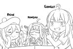  ahoge applying_makeup beret character_name cigarette commentary cup detached_sleeves double_bun dress_shirt english_commentary facial_scar gangut_(kantai_collection) grin guin_guin hairband hand_mirror hat headgear holding_mirror kantai_collection kongou_(kantai_collection) lineart long_hair looking_at_viewer mirror monochrome multiple_girls nontraditional_miko pom_pom_(clothes) ribbon-trimmed_sleeves ribbon_trim richelieu_(kantai_collection) scar scar_on_cheek shirt smile smoking sparkle sunglasses table teabag teacup v 