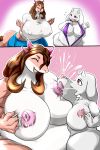  2018 anthro big_breasts boss_monster breasts caprine clothed clothing crossover digital_media_(artwork) dragon duo female grinding huge_breasts lactating mammal mature_female milk miss_l nipples non-mammal_breasts overweight scalie simple_background smile sya toriel undertale video_games 