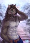  2016 abs belt biceps black_nose blue_eyes brown_fur canid canine canis clothed clothing domestic_dog fur hair looking_at_viewer male mammal muscular muscular_male pants pecs pose smile snow teeth topless white_fur wolf zephyxus 