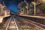  black_hair blue_sky commentary_request fence from_side gemi grass night night_sky original outdoors power_lines railroad_tracks skirt sky solo standing star_(sky) starry_sky telephone_pole train_station 
