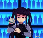  alcohol animated animated_gif bar bard-bot black_hair breasts brown_eyes commentary julianne_stingray long_hair looking_at_viewer medium_breasts shelf signature smile solo twintails va-11_hall-a 