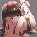  absurdres ass black_hair fire_emblem fire_emblem:_kakusei hair_ornament highres long_hair looking_at_viewer lying naked_ribbon nude on_stomach one_eye_closed purple_eyes ribbon skeptycally solo tharja tiara 