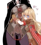  ass_visible_through_thighs belt black_cape blonde_hair breasts brown_jacket cape chain chino_machiko closed_mouth contrapposto hair_between_eyes head_out_of_frame hug jacket large_breasts long_hair lyza made_in_abyss motion_lines multiple_girls ozen pants purple_eyes purple_pants simple_background standing whistle white_background 