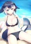  absurdres bikini black_bikini black_hair blue_eyes breasts cleavage collarbone highres kanzakietc kemono_friends looking_at_viewer medium_breasts multicolored_hair narwhal_(kemono_friends) narwhal_tail navel side-tie_bikini smile solo swimsuit two-tone_hair white_hair 