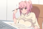  bangs breast_rest breasts commentary_request concentrating drawing drawing_board eraser hair_intakes highres large_breasts miton-chan_(miton_(turuyasann)) miton_(turuyasann) original paper pencil pencil_to_face pink_eyes pink_hair shirt sitting sleeves_pushed_up solo two_side_up wavy_mouth yellow_shirt 