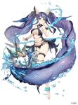  absurdres anchor_symbol anklet aqua_eyes barefoot bracelet chain cuffs fins flail frown full_body gold_trim hand_on_own_cheek highres hydrokinesis jewelry ji_no long_hair navel ningyo_hime_(sinoalice) official_art puffer_fish purple_hair revealing_clothes shackles sinoalice solo sqex thigh_strap very_long_hair water water_drop weapon white_background 