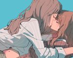  brown_hair closed_eyes commentary_request green_background hug kiss long_hair long_sleeves multiple_girls navel open_clothes open_shirt original sou_(tuhut) unbuttoned yuri 