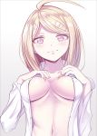  ahoge akamatsu_kaede blood breasts brown_eyes cleavage collarbone covering_nipples danganronpa dress_shirt eyes hati_(19870119hy) head_tilt highres long_hair medium_breasts midriff musical_note_hair_ornament navel new_danganronpa_v3 open_clothes open_shirt shirt silver_hair simple_background smile solo stomach upper_body white_background white_shirt 
