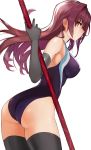  absurdres ass breasts commentary_request competition_swimsuit elbow_gloves fate/grand_order fate_(series) gae_bolg gloves highres large_breasts long_hair looking_back one-piece_swimsuit profile purple_hair red_eyes scathach_(fate)_(all) scathach_(fate/grand_order) solo swimsuit tani_wataru thighhighs thighs white_background 