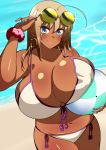  ahoge arm_up ball beach beachball bikini blonde_hair blue_eyes breast_rest breasts cleavage collarbone day earrings hips hoop_earrings huge_ahoge huge_breasts jewelry komusou_(jinrikisha) long_hair looking_at_viewer nail_polish navel ooba_minori original red_scrunchie scrunchie shiny shiny_skin smile solo sunglasses swimsuit tan thighs water white_bikini 