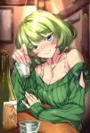  bangs bare_shoulders blue_eyes bottle breasts cleavage commentary_request cross cross_necklace cup eyebrows_visible_through_hair green_eyes green_hair green_sweater head_tilt heterochromia highres holding holding_cup idolmaster idolmaster_cinderella_girls indoors jewelry latin_cross light_particles lighting medium_breasts mole mole_under_eye necklace off-shoulder_sweater off_shoulder ribbed_sweater sake_bottle shirokuma_a short_hair sitting smile solo sweater swept_bangs takagaki_kaede 