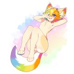  &lt;3 anthro balls blond_fur blue_eyes blush canine chest_tuft ear_piercing enjoipandas fur girly hair looking_at_viewer male mammal multicolored_fur multicolored_hair open_mouth pawpads paws piercing radio_(chicaaago) rainbow_fur rainbow_hair simple_background smile solo tuft white_background wolf 