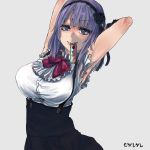  armpits arms_behind_head arms_up bangs black_hairband black_skirt blue_eyes bow bowtie breasts closed_mouth copyright_name dagashi_kashi eyebrows_visible_through_hair food hairband high-waist_skirt highres kumamoto_nomii-kun large_breasts medium_hair mouth_hold purple_hair red_neckwear ringed_eyes shidare_hotaru shirt skirt sleeveless sleeveless_shirt smile solo suspender_skirt suspenders taut_clothes taut_shirt umaibou white_shirt 