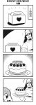  /\/\/\ 1boy 1girl 4koma :3 bangs bkub blush cake character_name comic dj_copy_and_paste emphasis_lines eyebrows_visible_through_hair food fruit glasses greyscale grin halftone hat headphones heart highres holding holding_plate honey_come_chatka!! monochrome motion_lines open_mouth package plate shirt short_hair simple_background smile strawberry tayo translation_request two-tone_background 