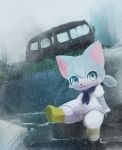  1girl artist_request blue_eyes blue_hair boots cat cat_busters furry grass open_mouth raining sitting solo 