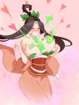  black_hair blush bouncing_breasts breasts breasts_outside eyeshadow forehead_jewel heart highres issun japanese_clothes kimono large_breasts makeup materclaws miniboy nipples no_mouth obi ookami_(game) sakuya_(ookami) sash simple_background solo upper_body wide_sleeves 