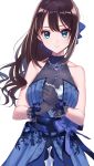  bare_arms bare_shoulders black_gloves blue_bow blue_dress blue_eyes blue_flower blue_ribbon bow brown_hair dress earrings eternal_bloom_(idolmaster) floral_print flower gloves hair_bow hands_together highres idolmaster idolmaster_cinderella_girls idolmaster_cinderella_girls_starlight_stage jewelry long_hair looking_at_viewer misumi_(macaroni) necklace pearl_necklace ribbon shibuya_rin simple_background smile solo white_background wrist_ribbon 