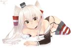  10s 1girl amatsukaze_(kantai_collection) bangs black_panties breasts_out collarbone garter_straps hagirussia_(sanyanyanya) hair_between_eyes hair_tubes isshiki_(ffmania7) kantai_collection long_hair long_sleeves looking_at_viewer lying nipples off_shoulder on_side panties simple_background single_glove solo striped striped_legwear thighhighs third-party_edit twitter_username underwear white_background white_hair yellow_eyes 