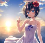  bad_id bad_pixiv_id bangs bare_arms bare_shoulders black_hair blue_eyes blue_ribbon blue_sky blush breasts character_request closed_mouth cloud collarbone commentary_request covered_navel day dress eyebrows_visible_through_hair flower hair_between_eyes hair_flower hair_ornament hand_up head_tilt hibiscus horizon index_finger_raised looking_at_viewer mahou_tsukai_to_kuroneko_no_wiz nekoinori ocean outdoors red_flower ribbon shiny shiny_hair short_hair sky sleeveless sleeveless_dress small_breasts smile solo spaghetti_strap standing sun sundress sunlight sunrise white_dress wind 