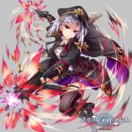  black_cape black_footwear black_gloves black_hat braid brown_legwear bullet_casing cape dual_wielding fingerless_gloves firing full_body gloves grey_background gun hat holding looking_at_viewer official_art purple_eyes short_hair silver_hair standing tenkuu_no_craft_fleet thighhighs tyouya watermark weapon 