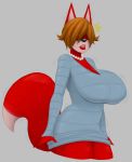  2017 anthro beauty_mark big_breasts black_nose breasts canine cleavage clothed clothing dress female fox fully_clothed fur grey_background hair hair_over_eyes hidden_(artist) hidden_orosubi legs_together lipstick looking_at_viewer makeup mammal mature_female motion_lines pearl_necklace red_fur short_hair simple_background smile solo standing sweat sweatdrop tan_hair tight_clothing 