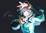  ahoge ainchase_ishmael aqua_eyes aqua_hair bracelet earrings elsword gloves god's_agent_(elsword) grey_hair highres hood jewelry multicolored_hair pendulum pixel_(monorainy) smile white_coat 