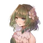  bangs bare_shoulders blue_eyes breasts brooch brown_hair commentary_request dress eyebrows_visible_through_hair flower frills green_dress green_eyes hair_flower hair_ornament heterochromia idolmaster idolmaster_cinderella_girls idolmaster_cinderella_girls_starlight_stage jewelry medium_breasts mole mole_under_eye open_mouth short_hair simple_background smile solo sqbillfish swept_bangs takagaki_kaede white_background 