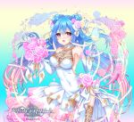  :d bare_shoulders blue_background blue_hair blush bouquet bow breasts bridal_gauntlets champagne_flute cleavage covered_navel cup double_bun dress drinking_glass elbow_gloves flower gloves gradient gradient_background gradient_hair hair_between_eyes hair_bow hair_flower hair_ornament heart heart-shaped_pupils highres holding holding_bouquet holding_cup long_hair looking_at_viewer medium_breasts multicolored_hair official_art open_mouth pink_hair smile standing symbol-shaped_pupils teltelhousi tenkuu_no_craft_fleet thick_eyebrows twintails very_long_hair watermark wedding_dress white_bow white_dress 