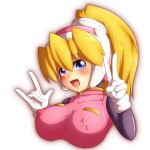  :d \m/ bangs blonde_hair blue_eyes blush breasts capcom ciel_(rockman) commentary_request covered_nipples cropped_torso eyebrows_visible_through_hair gloves hair_between_eyes hand_gesture headgear high_ponytail large_breasts long_hair open_mouth ponytail rockman rockman_zero semikichi smile solo upper_body v 