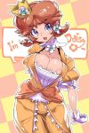  blue_eyes breasts bursting_breasts character_name checkered checkered_background chris_(mario) cleavage commentary_request crown daisy dress earrings english eyebrows_visible_through_hair flower flower_ornament gloves highres jewelry large_breasts looking_at_viewer mario_(series) mini_crown open_mouth princess_daisy puffy_short_sleeves puffy_sleeves short_sleeves simple_background smile solo speech_bubble super_mario_bros. super_mario_land super_smash_bros. text_focus white_gloves 