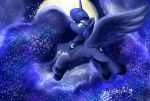  2017 blue_feathers cosmic_hair cutie_mark equine eyelashes eyeshadow feathered_wings feathers female feral flying friendship_is_magic hair hi_res hooves horn long_hair looking_at_viewer makeup mammal mascara moon my_little_pony night nude oofycolorful outside portrait princess_luna_(mlp) signature sky solo spread_wings star starry_sky teal_eyes winged_unicorn wings 