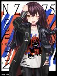  alternate_costume bangs black_choker black_coat black_hair black_jacket black_pants blush border brown_eyes casual character_name character_print choker clothes_writing coat collarbone commentary cz-75_(girls_frontline) girls_frontline hair_between_eyes hand_in_pocket hand_on_own_head highres ivan_wang jacket jacket_on_shoulders long_hair long_sleeves looking_at_viewer nz_75_(girls_frontline) one_eye_closed open_mouth outside_border pants shirt sidelocks solo striped striped_shirt very_long_hair 