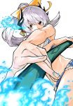  fate/grand_order fate_(series) fire foreshortening frills highres kiyohime_(fate/grand_order) kiyohime_(swimsuit_lancer)_(fate) kofunami_nana long_hair polearm ponytail red_eyes silver_hair solo spear swimsuit weapon 