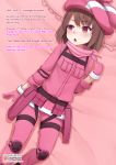  1girl brown_eyes brown_hair dutch_angle english eyebrows_visible_through_hair gloves hat highres llenn_(sao) long_sleeves lying mind_control on_back pink_gloves pink_hat solo sword_art_online sword_art_online_alternative:_gun_gale_online text_focus vahn_yourdoom watermark web_address 