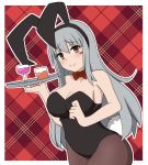  animal_ears black_legwear blush bokota_(bokobokota) bow bowtie breasts brown_eyes bunny_ears bunny_girl bunny_tail bunnysuit closed_mouth commentary_request cup drinking_glass eyebrows_visible_through_hair facial_scar fake_animal_ears gangut_(kantai_collection) grey_hair hair_between_eyes highres kantai_collection large_breasts leotard long_hair looking_at_viewer pantyhose plaid plaid_background red_neckwear scar scar_on_cheek smile solo strapless strapless_leotard tail tray 