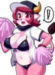  ! anthro baseball_cap big_breasts bikini blush bovine breasts buffalo_bell clothed clothing female hat looking_at_viewer mammal mascot navel nippon_professional_baseball open_mouth open_smile orix_buffaloes pom_poms simple_background smile solo speech_bubble swimsuit tyobetyobe white_background 