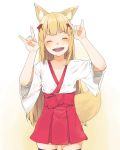  animal_ears blonde_hair blush breasts closed_eyes eyebrows eyebrows_visible_through_hair flat_chest fox_ears fox_tail hair_ornament hand_gesture hand_up japanese_clothes kashii_takamasa kimono long_hair open_mouth oshiro_project oshiro_project_re ribbon senko_(oshiro_project) simple_background skirt small_breasts smile solo standing tail teeth thighhighs torii upper_teeth very_long_hair 
